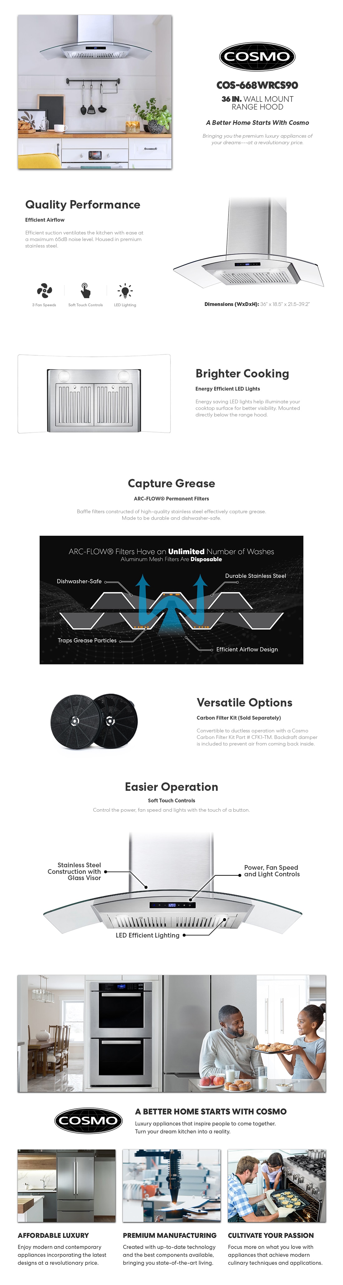 Cosmo 36 in. Ducted Wall Mount Range Hood in Stainless Steel with Touch